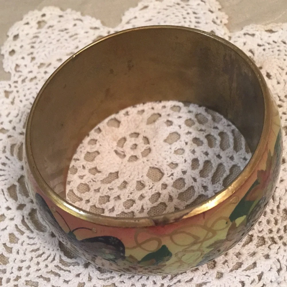 Vintage Floral And Butterfly Enameled Brass Bracelet - Picture 10 of 13